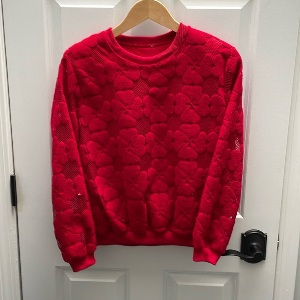 Bright Red Floral Embroidered Crewneck Sweater with Shoulder Pads Size Medium